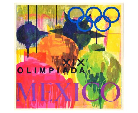 Original vintage sport poster for the 1968 Summer Olympics in Mexico. Great design by Manuel Villazon, depicting pink, fuchsi