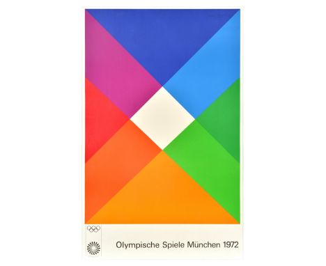Original vintage sport poster promoting the 1972 Summer Olympic Games in Germany featuring a great minimalist design by a Swi
