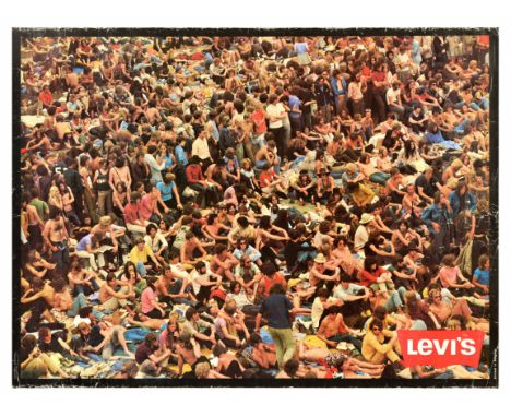 Original vintage fashion clothing advertising poster for Levi's Denim Jeans brand, featuring a photograph of a crowd of young