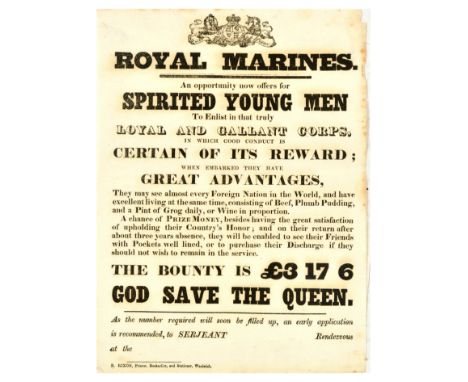 Original antique Victorian-era army recruitment poster - Royal Marines. An opportunity now offers for spirited young men to e