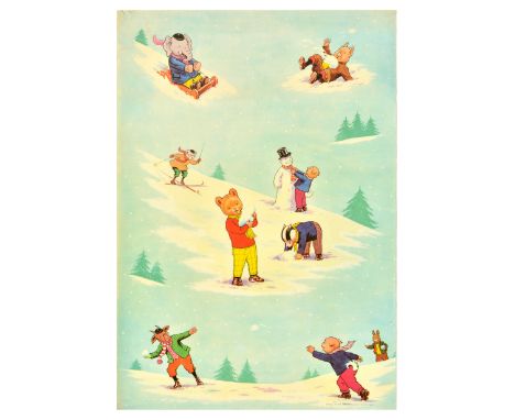 Original vintage children's poster featuring the characters from Rupert Bear comic strip seen enjoying winter fun, playing in