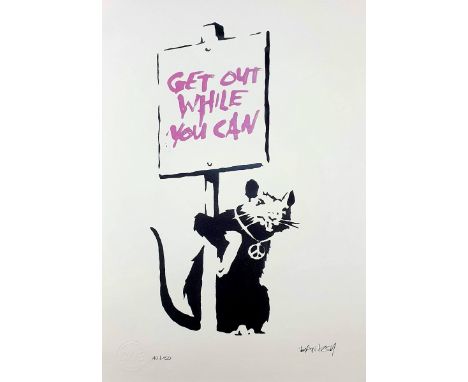 BANKSY (Né en 1974), d'aprèsGet out while you CanEpreuve offset sur papier d'art texturé 300 gr/m²Signée dans la planche en b