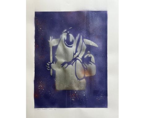 BANKSY (Né en 1974)Grim Reaper Light Purple ,2023Pochoir, Spray, Acrylique sur papierEdition 1/1.Peint à la main. Titré, daté