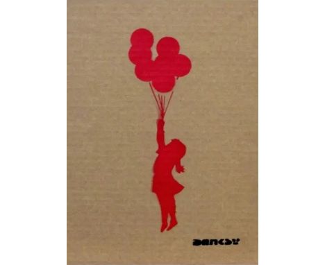 BANKSY DISMALAND – D’APRESGirl with Balloon (Red Version ) Bombe aérosol et pochoir sur carton, signé et numéroté à 20 exempl