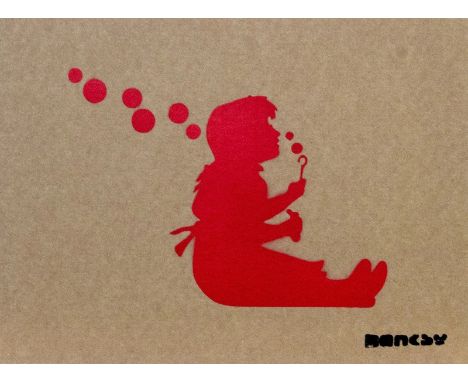 BANKSY DISMALAND – D’APRESGirl with Balloon (Red Version ) Bombe aérosol et pochoir sur carton, signé et numéroté à 20 exempl