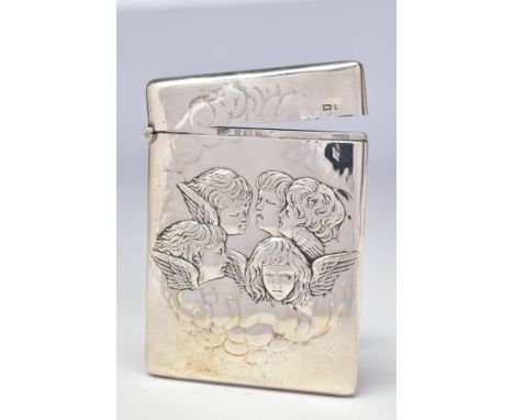 AN EDWARDIAN SILVER CARD CASE OF RECTANGULAR FORM, repousse decorated with Reynolds Angels, maker Henry Matthews, Birmingham 