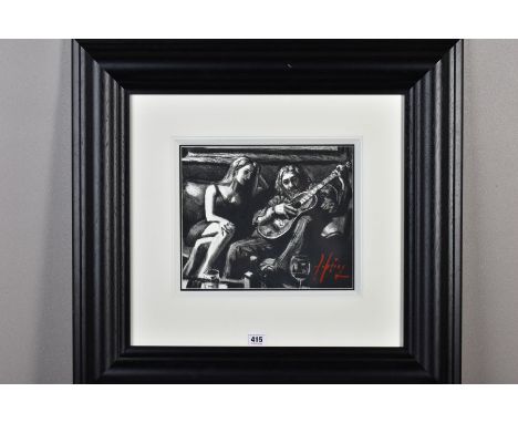 FABIAN PEREZ (ARGENTINA 1967) 'SELF PORTRAIT WITH GIRL AND GUITAR', a charcoal on paper study of the artist, signed in red pa