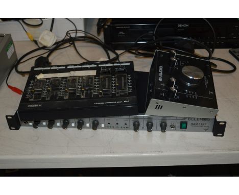 AN ECLER SAM 512T PROFESSIONAL RACK MOUNTED MIXER, a M audio M- track 2 x 2 and a Sony MX-7 six channel mic mixer (3)
