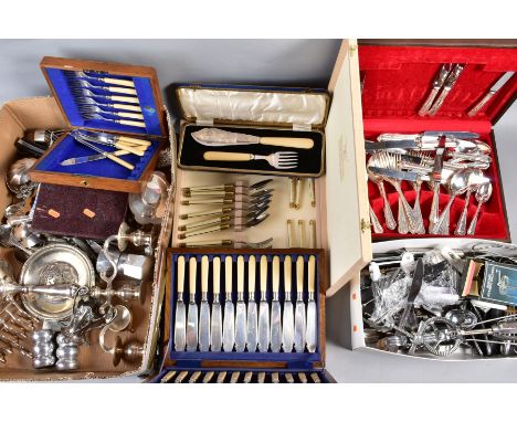 A BOX OF SILVER PLATE, etc, including Sheffield Plate tea caddy, Art Nouveau twin handled vase, together with a box of kitche