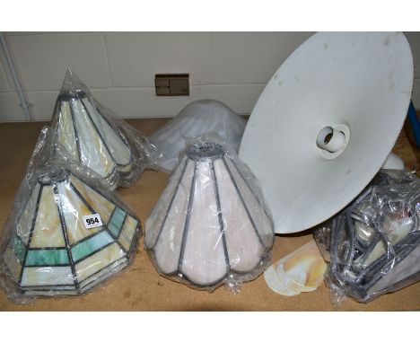 AN INDUSTRIAL WHITE METAL CEILING LAMP, with a collection of glass and leaded lamp shades and wall lights, two Wrythern and s