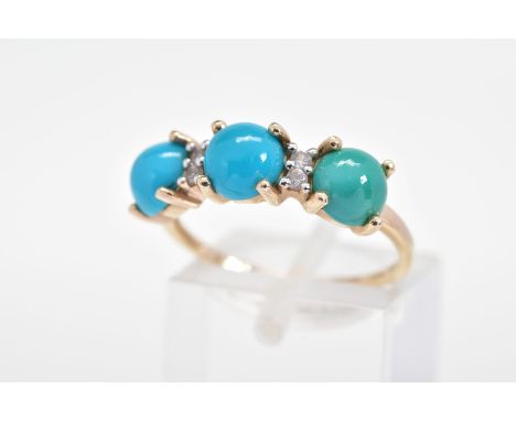 A 9CT GOLD RING, set with three circular blue paste and turquoise cabochons interspaced by colourless gems, with a 9ct hallma