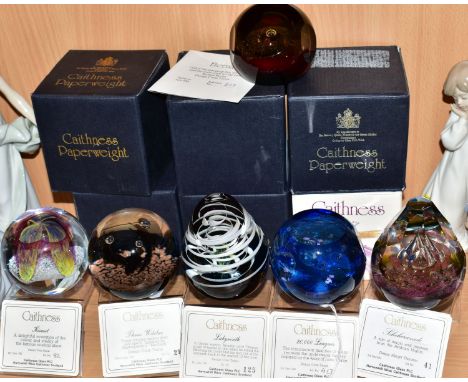 SIX BOXED CAITHNESS LIMITED EDITION PAPERWEIGHTS, '20,000 Leagues' No.413/500, 'Labyrinth' No.125/500, 'Three Witches' No.28/
