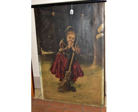 AN OIL ON CANVAS DEPICTING A YOUNG GIRL HOLDING A BROOM OUTSIDE DURING A SNOW STORM, indistinctly signed lower left (K Ramel?