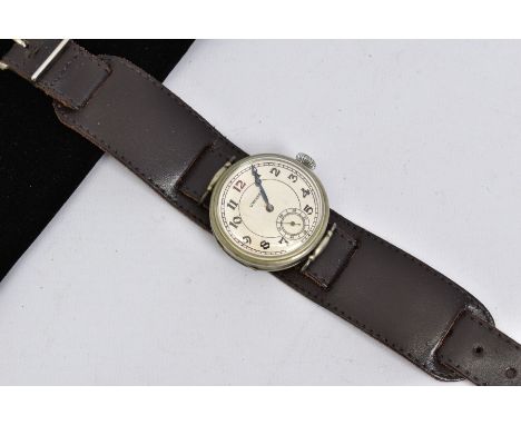 A NICKEL PLATED LONGINES TRENCH STYLE WRIST WATCH, numbered 3306122, silver tone dial with Arabic numeral hour markers and su