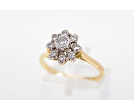 A DIAMOND CLUSTER RING, set with nine brilliant cut diamonds, to the tapered shoulders, total estimated diamond weight 0.42ct