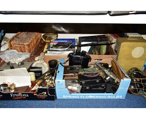 FOUR BOXES AND LOOSE OF MISCELLANEOUS ITEMS, to include books, wicker picnic basket and contents, Swift Saratoga MKII 8 x 40 