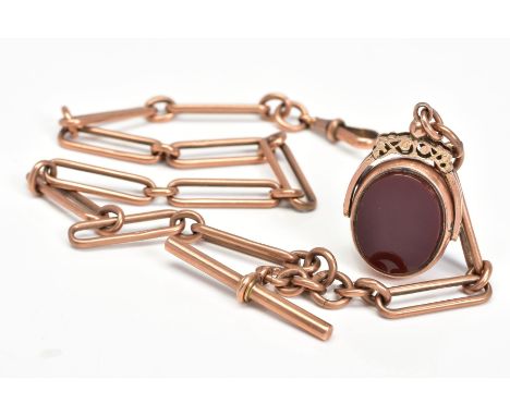 A LATE VICTORIAN TO EARLY 20TH CENTURY 9CT GOLD ALBERT CHAIN, fetter link, measuring approximately 360mm in length, together 