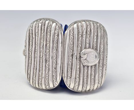 A VICTORIAN SILVER COIN PURSE OF ROUNDED RECTANGULAR FORM, ribbed decoration, belt cartouche engraved with initials, maker po