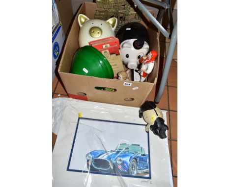 A BOX AND LOOSE SUNDRY ITEMS, to include Carltonware 'Pick Flowers Brewmaster' figure, cast pig money bank and two large cera