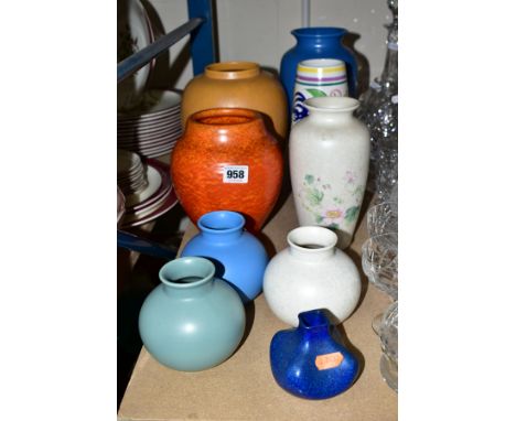 A COLLECTION OF POOLE AND PILKINGTON LANCASTRIAN POTTERY, to include a Poole blue iridescent baluster vase, approximate heigh