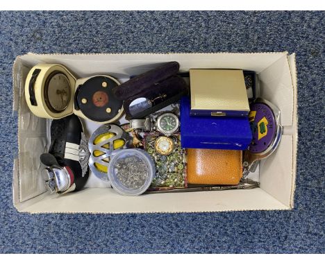 A BOX CONTAINING COSTUME JEWELLERY, CAR BADGES, CHARM BRACELET, WRISTWATCHES AND A SILVER HANDED BUTTON HOOK, etc