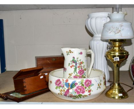 A MODERN BRASS OIL LAMP converted to electricity, having circa 1970's painted glass shade, with a wash jug and bowl (bowl a/f