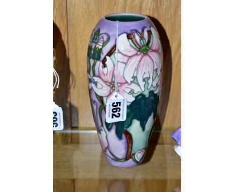 A MOORCROFT POTTERY VASE, 'Blackeney Mallow' pattern, impressed and painted backstamp 2001, with a silver line through a name