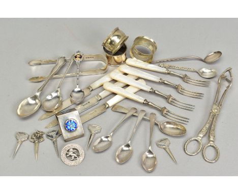 A GROUP OF SILVER AND PLATE including silver and mother of pearl dessert knives and forks, miscellaneous tea and coffee spoon