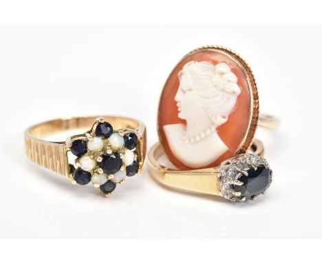 THREE 9CT GOLD RINGS, the first designed as an oval cameo panel depicting a lady in profile within a collet mount to the tape