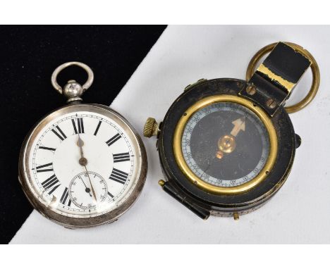 A WWII BRASS LENSATIC COMPASS, signed J.M.Glauser, London, No5349, 1936, together with a Swiss stamped open faced pocket watc