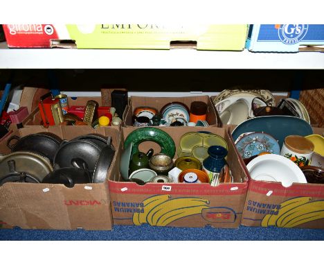 SIX BOXES OF SUNDRY ITEMS, including a box of cast iron cookware, Poole Pottery meal platter, Royal Doulton 'Morning Star' tu