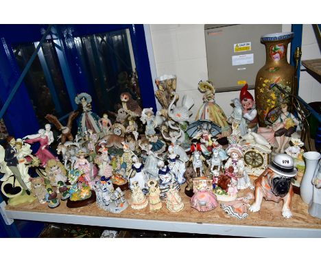 A LARGE COLLECTION OF MOSTLY CERAMIC FIGURES AND ANIMALS, including Leonardo Collection kingfishers, dancing ladies, unmarked