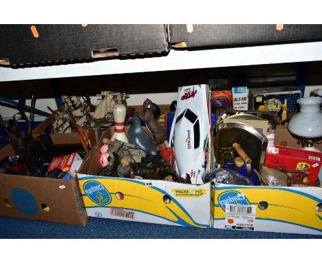 SIX BOXES OF SUNDRY ITEMS to include models of sailing boats, assorted cameras, telephones, fire side companion set, boxed UF