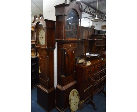 A GEORGE III MAHOGANY AND INLAID EIGHT DAY LONGCASE CLOCK, the hood with swan neck pediment flanked by fluted columns, distre