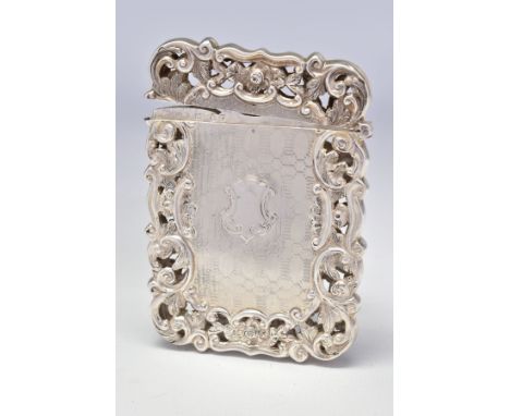 A VICTORIAN SILVER CARD CASE OF PIERCED AND WAVY RECTANGULAR FORM, engine turned decoration with shield shape cartouche, make