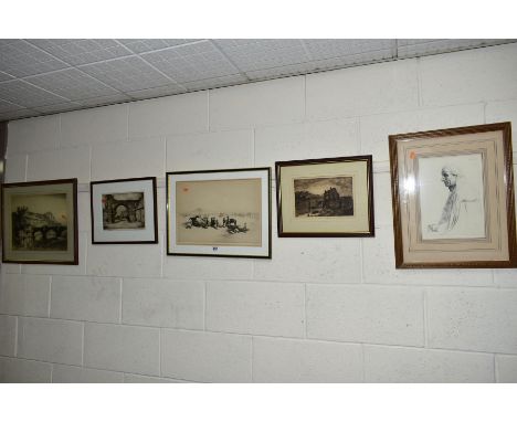 FIVE ETCHINGS to include Sidney Tushingham 'Traders Outside a Castle', signed to margin, Albany Howarth, 'Richmond, Yorks' un