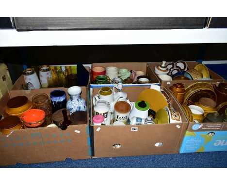 SIX BOXES OF CERAMICS AND GLASSWARE, including Hornsea 'Safron', H.J.Wood Indian tree vase, West German pottery, studio potte