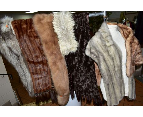 LADIES FUR ACCESSORIES, to include an Azurene silver fur stole, brown mink stole with tails, silver fox fur stole, musquash f