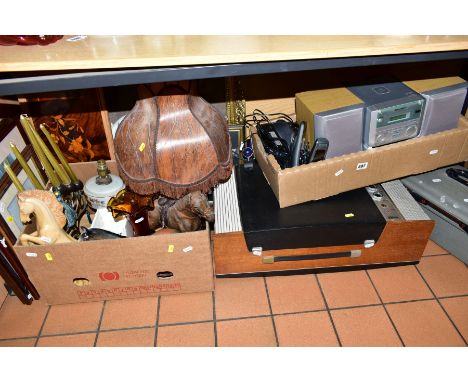 TWO BOXES AND LOOSE SUNDRY ITEMS, to include Sharp radio/cassette player, phones, an ITT KB record player, a freestanding clo