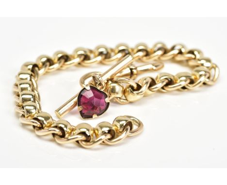 A MODERN 9CT GOLD ROLLER BALL LINK BRACELET FITTED TO A T BAR, garnet heart drop and swivel clasp, measuring approximately 18