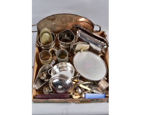 A BOX OF SILVER PLATE ETC, to include a twin handled tray, entree dish and cover, warming stand, loose cutlery and flatware, 