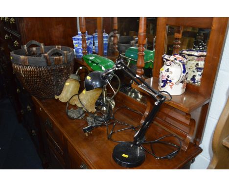 FOUR VARIOUS LAMPS to include a brassed desk lamp, a pair of glazed table lamps, etc together with a Masons jug, blue and whi