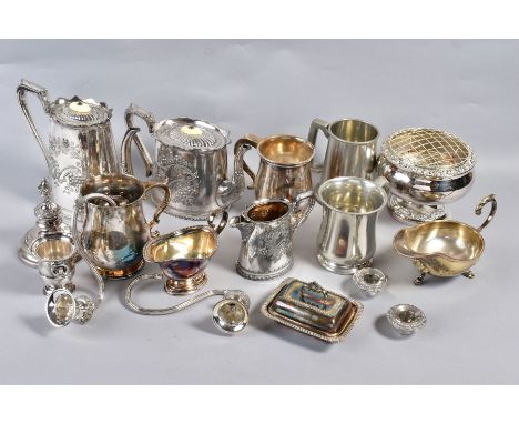 A BOX OF SILVER PLATE including late Victorian tea wares, tankards, etc