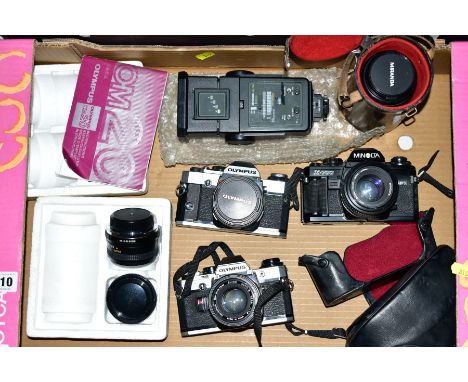 A TRAY CONTAINING VINTAGE FILM CAMERAS including an Olympus OM20, an OM10, a Minolta X-700, all with standard lenses, two Mir