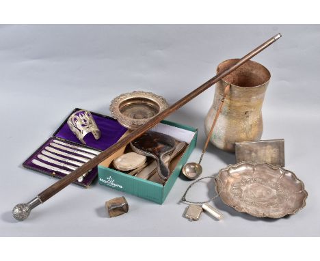 A BOX OF SILVER AND PLATE, including a cased set of six Walker &amp; Hall pistol handled tea knives and a quantity of silver 