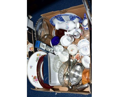 A BOX OF SUNDRY CERAMICS AND GLASSWARE etc, to include Wedgwood 'Angela' vase and trinkets, Royal Worcester cake plate, Limog