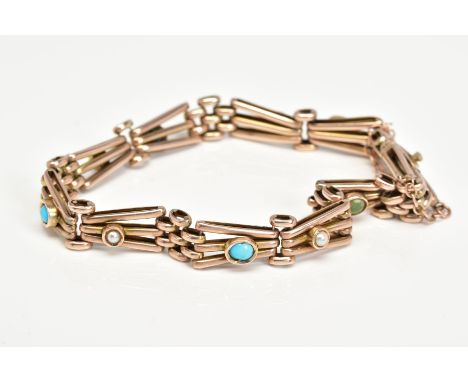 AN EARLY 20TH CENTURY 9CT GOLD GATE BRACELET, each panel set with turquoise or split pearls, to the push clasp with safety ch