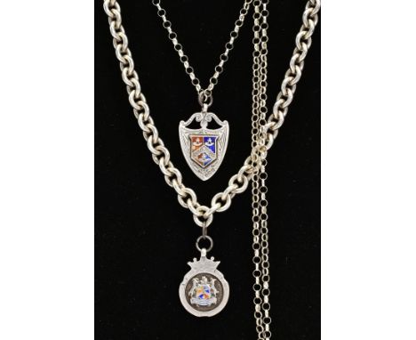 TWO EARLY 20TH CENTURY SILVER ENAMEL MEDALLIONS SUSPENDED FROM LATER CHAIN NECKLACES, both medallions with blue and red ename