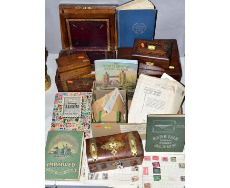 FOUR VARIOUS BOXES AND A BOX OF WORLD STAMPS, loose and in albums, to include brass mounted coromandel style tea caddy (some 
