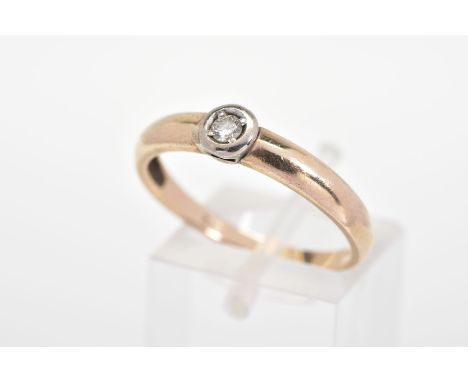 A 9CT GOLD DIAMOND RING, a single brilliant cut diamond within a collet mount to the plain polished band, estimated diamond w